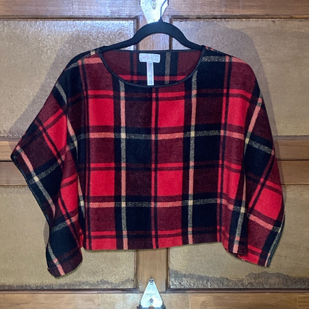 Free People Red and Black Plaid Cropped Cape